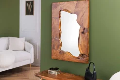 Massiver Spiegel MOSAIK 90cm Teakholz eckig Baumstamm handmade