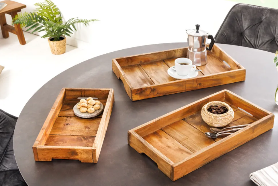 Massives 3er Set Tablett HEMINGWAY 45cm recyceltes Mahagoniholz handmade Servierbrett