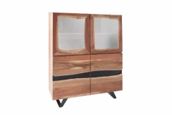 Massives Highboard AMAZONAS 140cm Akazie Metall Vitrine Baumkante