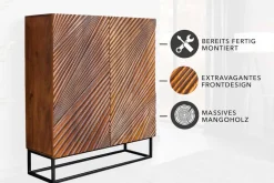 Massives Highboard ART 120cm braun Mangoholz 3D-Design schwarz Metall