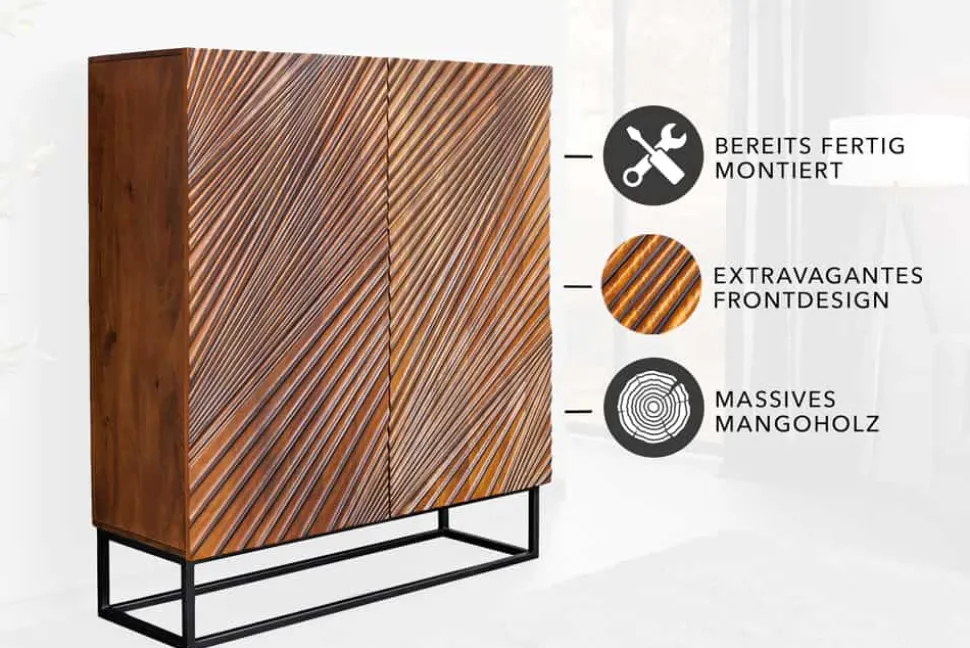 Massives Highboard ART 120cm braun Mangoholz 3D-Design schwarz Metall