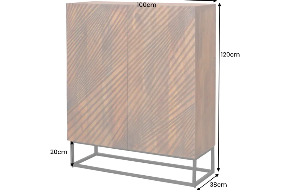 Massives Highboard ART 120cm braun Mangoholz 3D-Design schwarz Metall