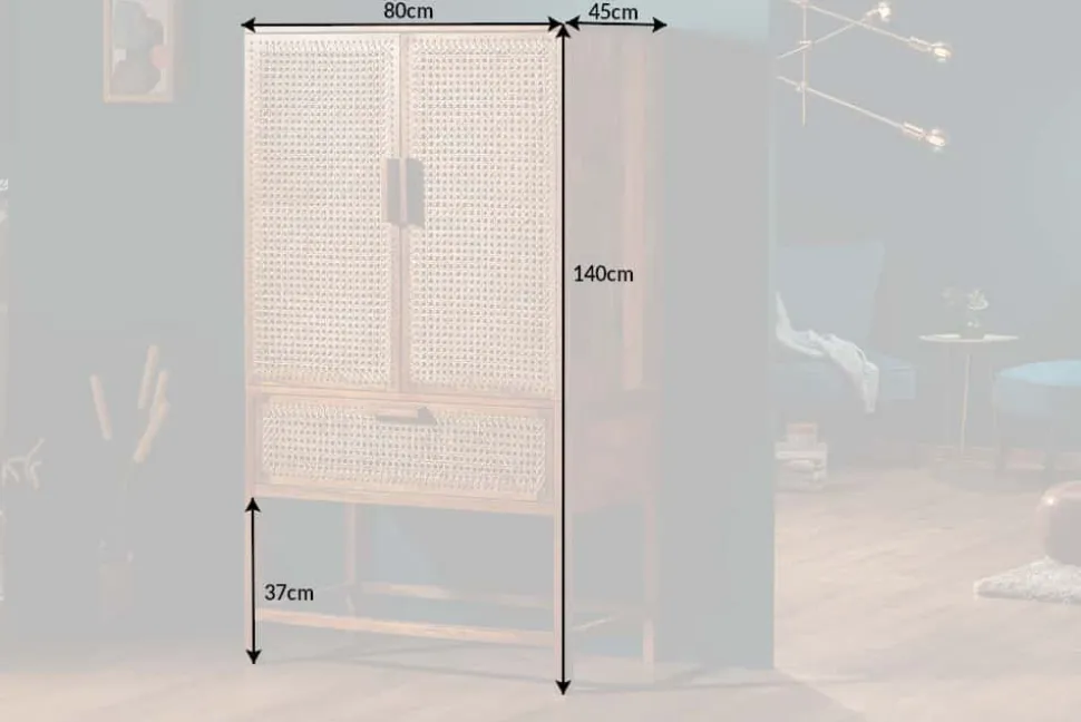 Massives Highboard BAMBOO LOUNGE 140cm Mangoholz Bambus mit Wiener Geflecht