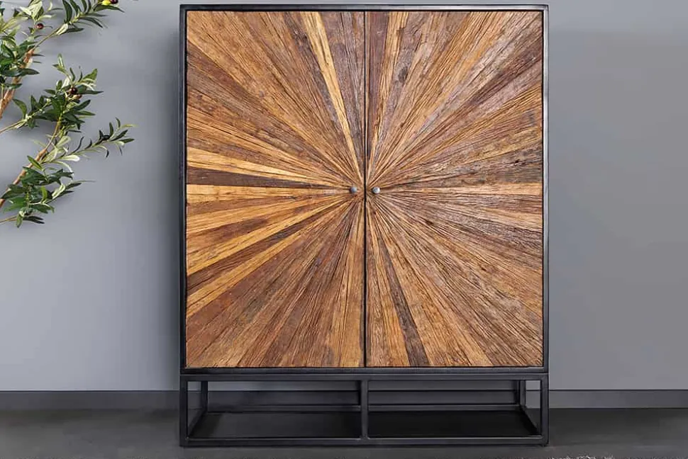 Massives Highboard BARRACUDA 120cm braun Mangoholz mit Teakholz-Front schwarz Metall