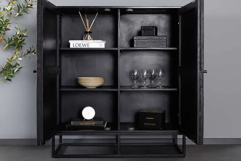 Massives Highboard BARRACUDA 120cm braun Mangoholz mit Teakholz-Front schwarz Metall