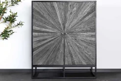 Massives Highboard BARRACUDA 120cm grau Mangoholz mit Teakholz-Front schwarz Metall