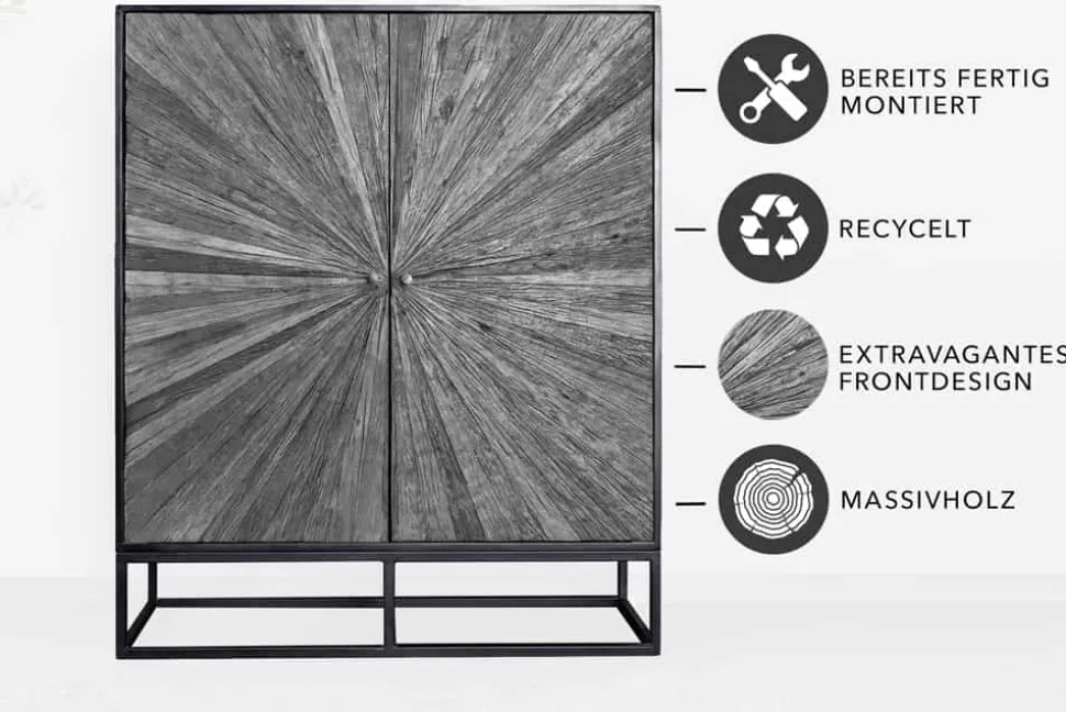 Massives Highboard BARRACUDA 120cm grau Mangoholz mit Teakholz-Front schwarz Metall