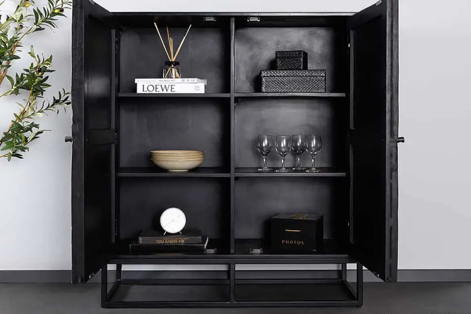 Massives Highboard BARRACUDA 120cm grau Mangoholz mit Teakholz-Front schwarz Metall