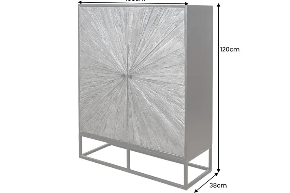 Massives Highboard BARRACUDA 120cm grau Mangoholz mit Teakholz-Front schwarz Metall