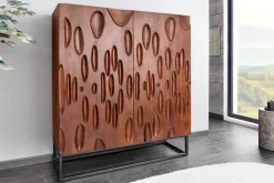 Massives Highboard DUNE 120cm walnuss-braun Akazienholz 3D-Design schwarz Metall