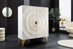 Massives Highboard GOLDEN SUNSET 120cm weiß gold Mangoholz mit 3D Schnitzereien