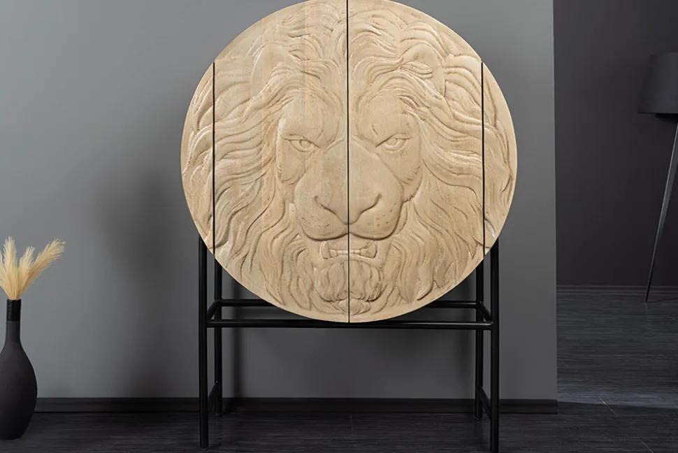 Massives Highboard LION 140cm weiß Mangoholz Metall 3D Schnitzereien Kunstwerk