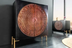 Massives Highboard MANDALA 120cm Mangoholz mit 3D Schnitzereien schwarz goldene Füße