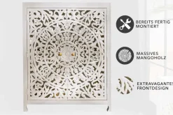 Massives Highboard MARRAKESCH 140cm weiß Mangoholz mit Verzierung handmade
