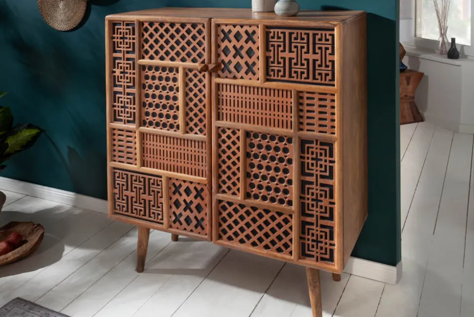 Massives Highboard MARRAKESCH 120cm Mangoholz mit Verzierung Boho Stil