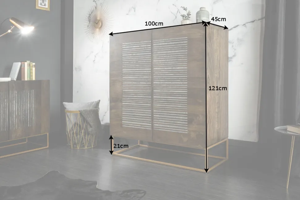 Massives Highboard ONYX 120cm dunkelbraun Mangoholz Edelstein Achat gold Metallgestell
