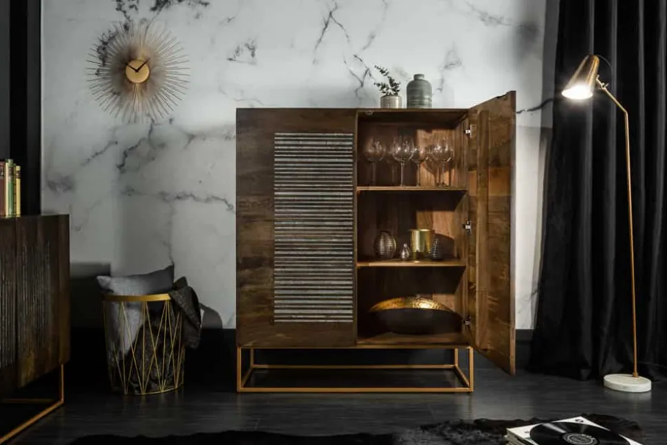 Massives Highboard ONYX 120cm dunkelbraun Mangoholz Edelstein Achat gold Metallgestell