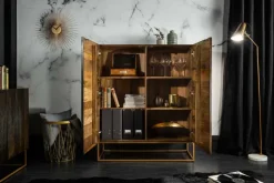 Massives Highboard ONYX 120cm dunkelbraun Mangoholz Edelstein Achat gold Metallgestell