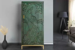 Massives Highboard PEACOCK 170cm grün Mangoholz antik 3D Schnitzerei Pfau-Design