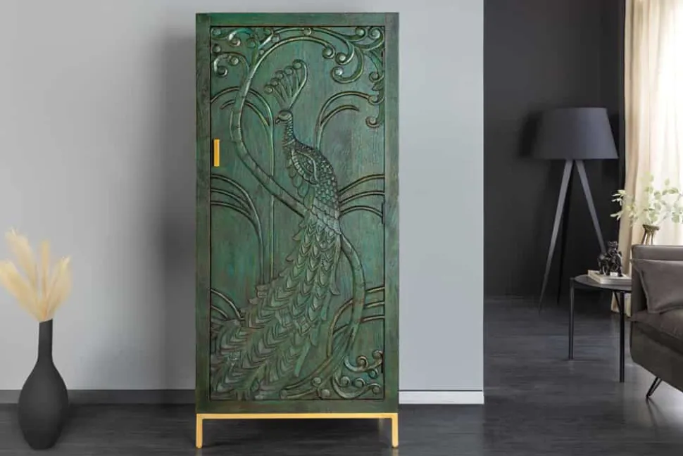 Massives Highboard PEACOCK 170cm grün Mangoholz antik 3D Schnitzerei Pfau-Design
