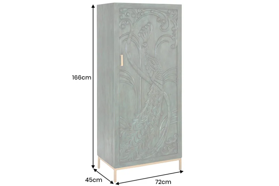 Massives Highboard PEACOCK 170cm grün Mangoholz antik 3D Schnitzerei Pfau-Design