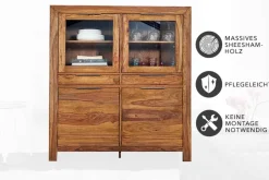 Massives Highboard PURE 140cm braun Sheesham stone finish Vitrine Palisander
