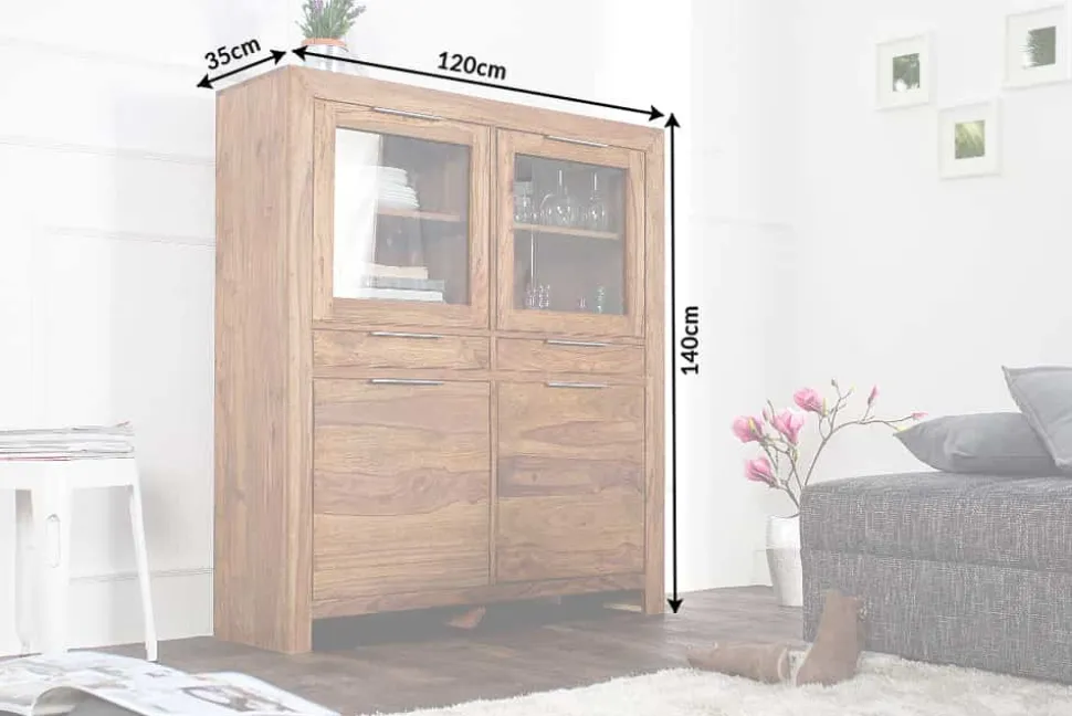 Massives Highboard PURE 140cm braun Sheesham stone finish Vitrine Palisander