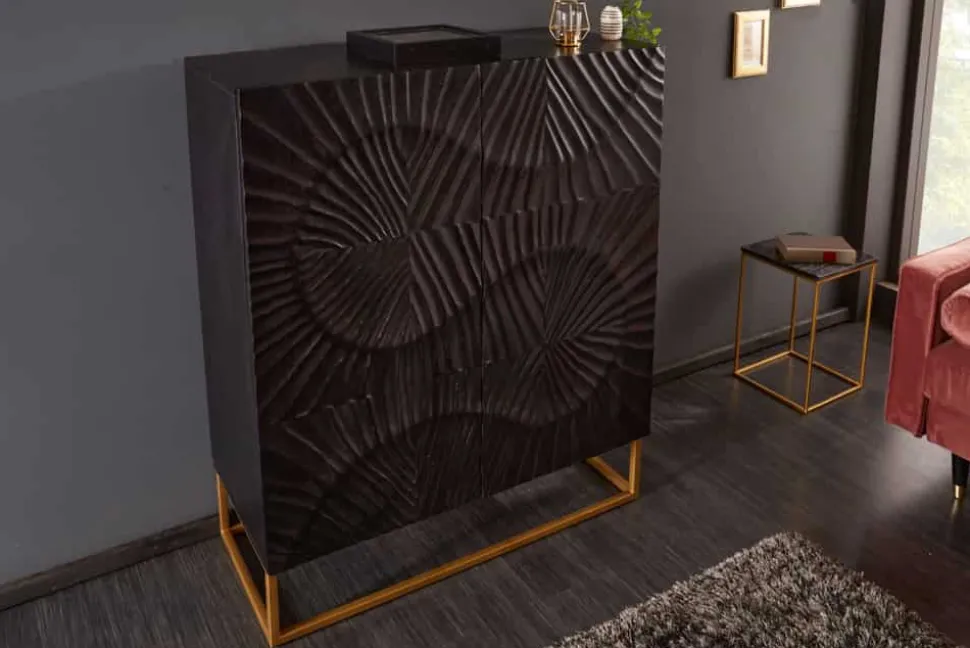 Massives Highboard SCORPION 120cm schwarz Mangoholz aufwendige 3D Schnitzereien