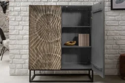 Massives Highboard SCORPION 120cm grau Akazie aufwendige 3D Schnitzereien
