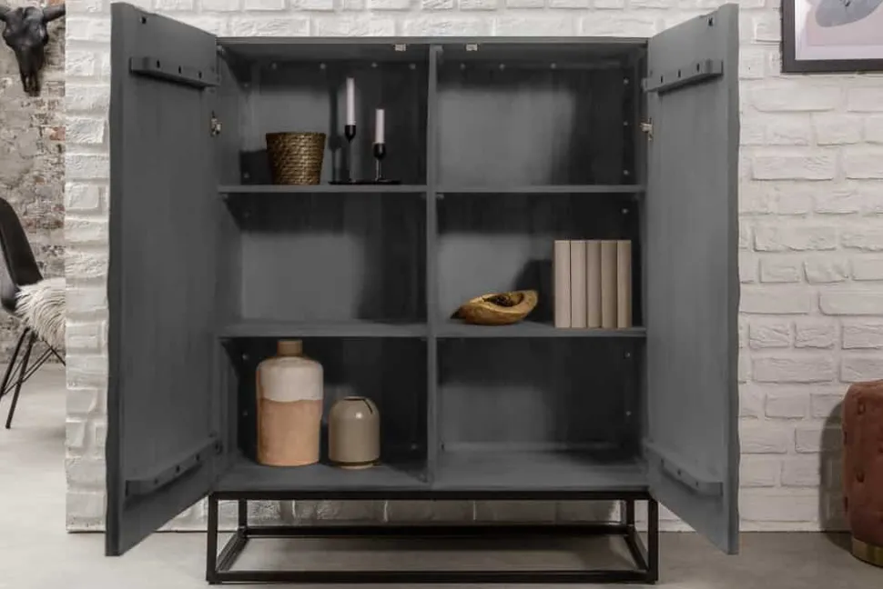 Massives Highboard SCORPION 120cm grau Akazie aufwendige 3D Schnitzereien