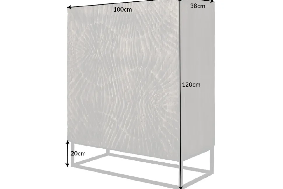 Massives Highboard SCORPION 120cm grau Akazie aufwendige 3D Schnitzereien