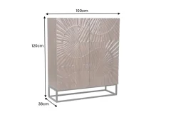 Massives Highboard SCORPION 120cm dunkelbraun Akazie mit 3D Schnitzereien schwarz Metall