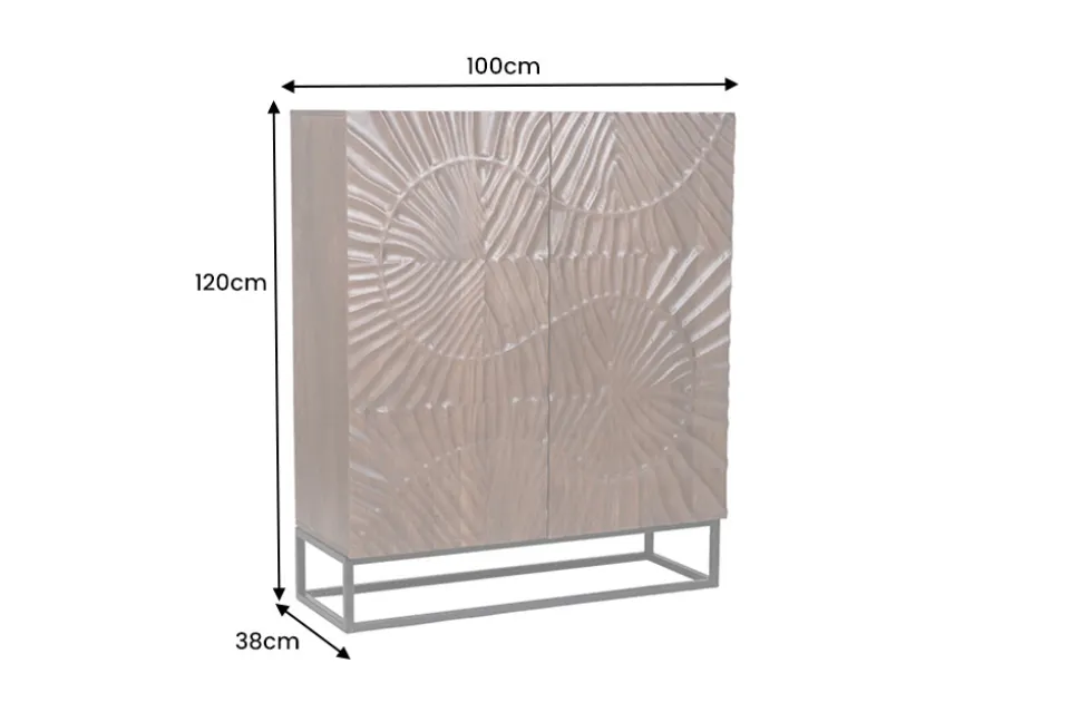 Massives Highboard SCORPION 120cm dunkelbraun Akazie mit 3D Schnitzereien schwarz Metall