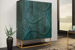 Massives Highboard SCORPION 120cm türkis Mangoholz mit 3D Schnitzereien gold Metall