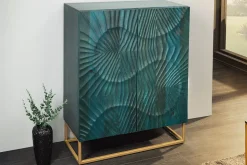 Massives Highboard SCORPION 120cm türkis Mangoholz mit 3D Schnitzereien gold Metall