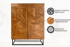 Massives Highboard SNAKE 120cm braun schwarz Mangoholz Schlangen-Design mit aufwendigen 3D Schnitzereien