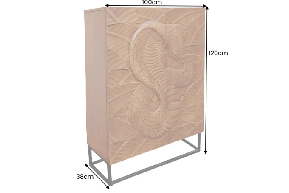 Massives Highboard SNAKE 120cm braun schwarz Mangoholz Schlangen-Design mit aufwendigen 3D Schnitzereien