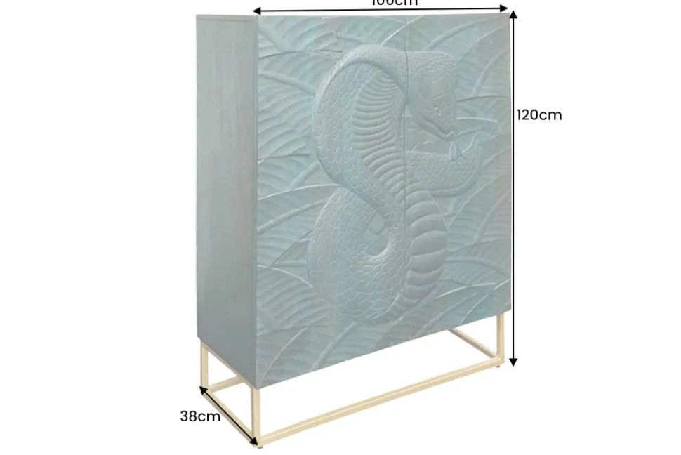 Massives Highboard SNAKE 120cm türkis gold Mangoholz Schlangen-Design mit aufwendigen 3D Schnitzereien