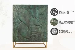Massives Highboard SNAKE 120cm türkis gold Mangoholz Schlangen-Design mit aufwendigen 3D Schnitzereien