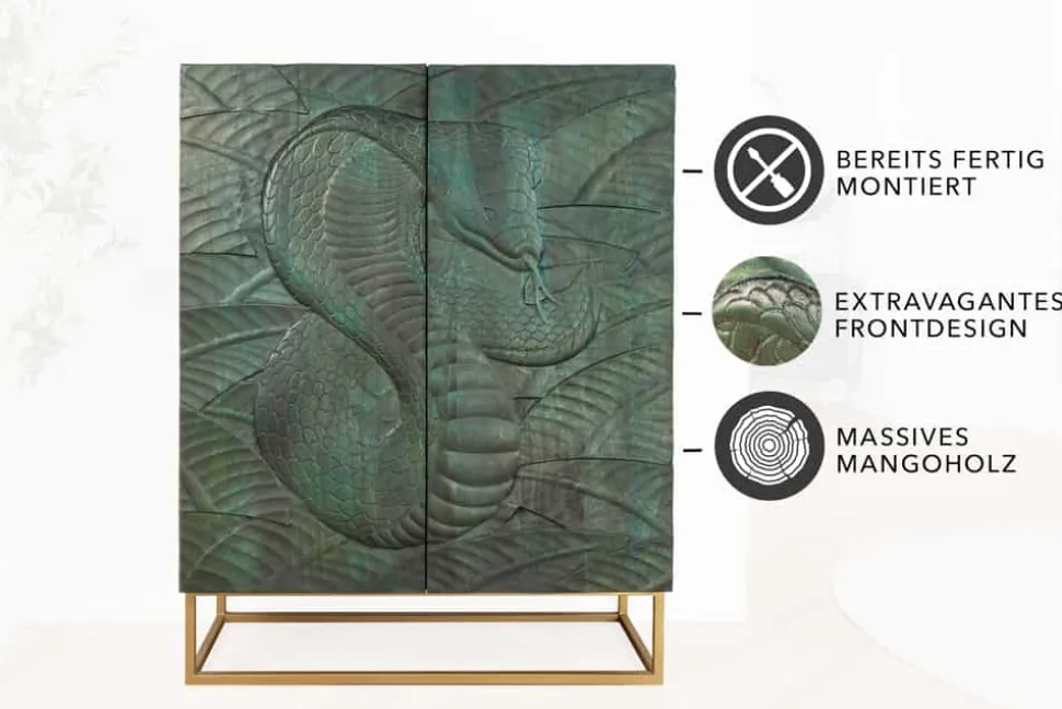 Massives Highboard SNAKE 120cm türkis gold Mangoholz Schlangen-Design mit aufwendigen 3D Schnitzereien