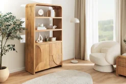 Massives Regal ART DECO 175cm cream finish beige Mangoholz abgerundet mit 3D-Front