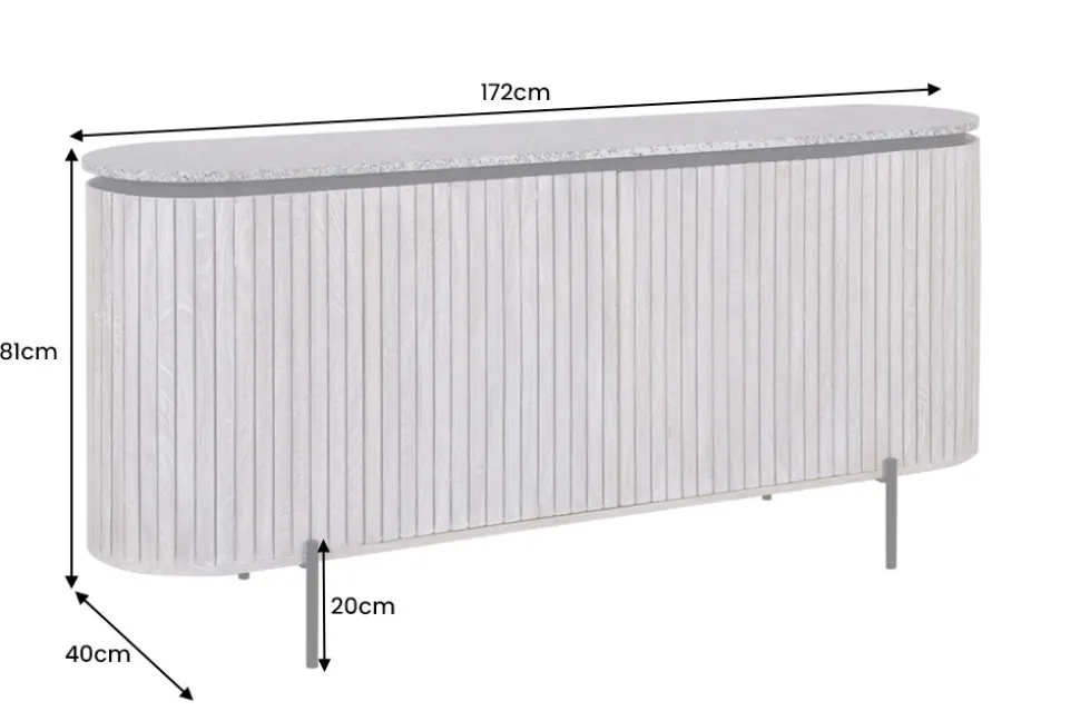 Massives Sideboard ADLON 170cm grau gebürstet Mangoholz mit weißer Marmorplatte