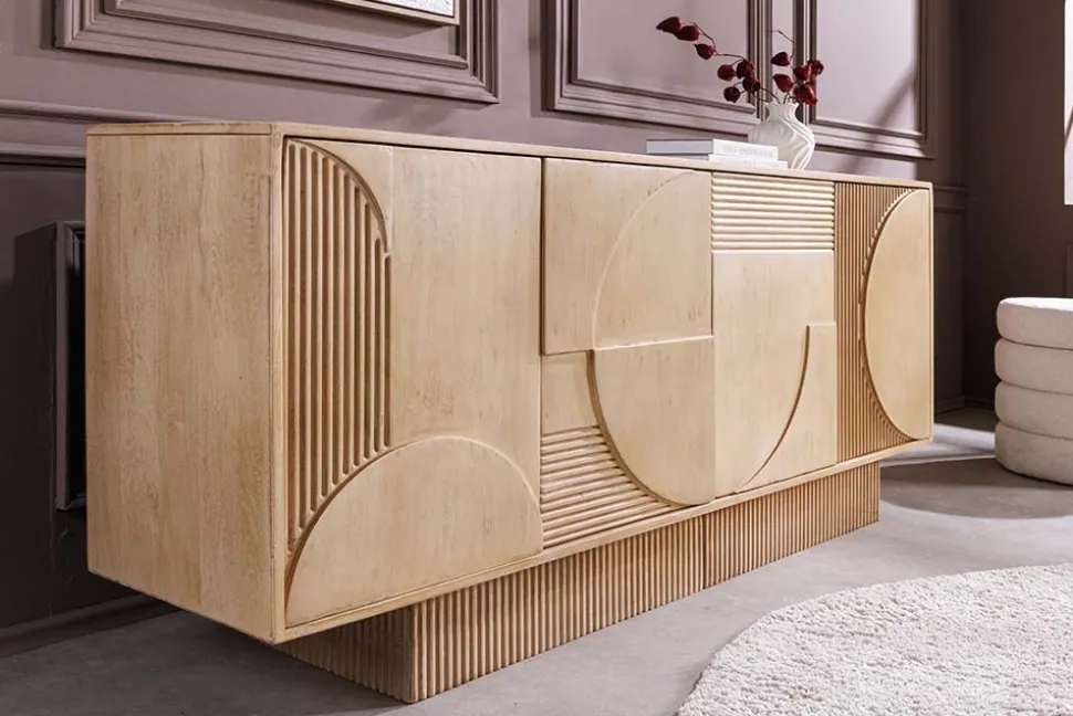 Massives Sideboard ART DECO 170cm weiß gekälkt Mangoholz 3D-Front handmade