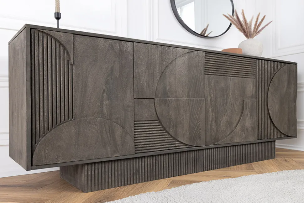 Massives Sideboard ART DECO 170cm grau Mangoholz 3D-Front