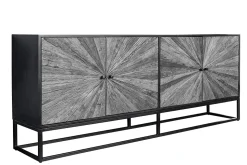 Massives Sideboard BARRACUDA 180cm grau Mangoholz mit Teakholz-Front schwarz Metall