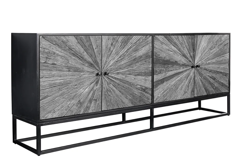 Massives Sideboard BARRACUDA 180cm grau Mangoholz mit Teakholz-Front schwarz Metall