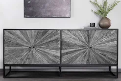 Massives Sideboard BARRACUDA 180cm grau Mangoholz mit Teakholz-Front schwarz Metall