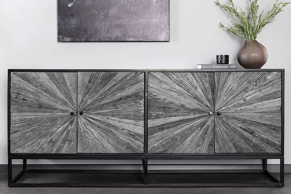 Massives Sideboard BARRACUDA 180cm grau Mangoholz mit Teakholz-Front schwarz Metall