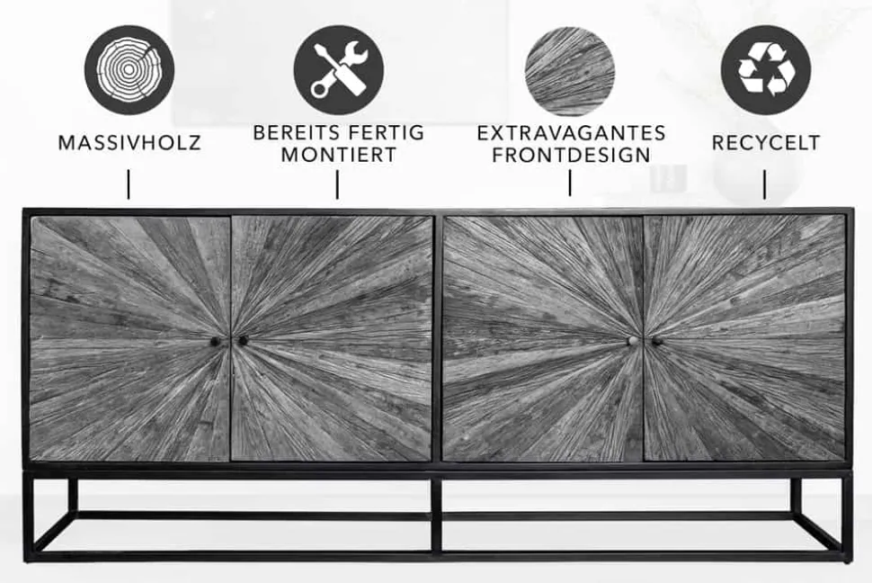 Massives Sideboard BARRACUDA 180cm grau Mangoholz mit Teakholz-Front schwarz Metall