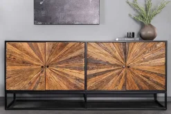 Massives Sideboard BARRACUDA 180cm braun Mangoholz mit Teakholz-Front schwarz Metall